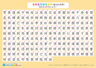 小学6年生の漢字一覧表（チェック表） オレンジ A4